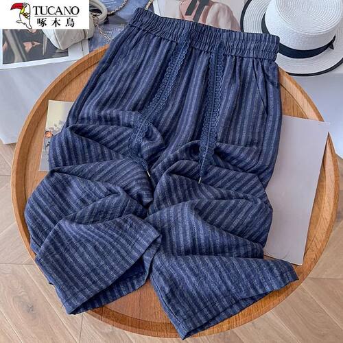 藏蓝色条纹亚麻阔腿裤女2