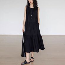 黑色棉麻无袖背心连衣裙2025夏季新款宽松大码女装胖mm亚麻长裙子