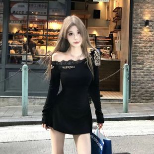 大码 甜辣妹斜肩短裙 胖mm纯欲风蕾丝拼接豹纹系带连衣裙女秋季 修身