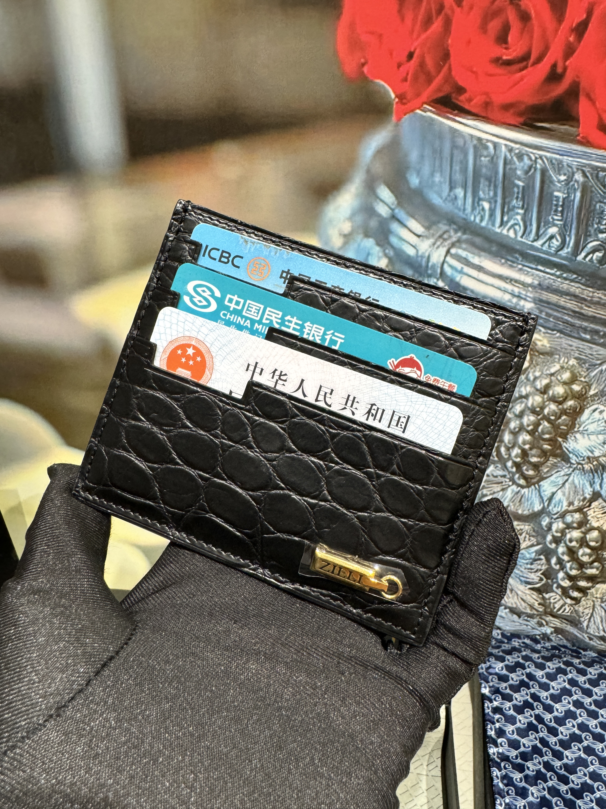 新款小金条五金奢华进口鳄鱼皮卡夹卡包信用卡套身份证夹男女钱夹