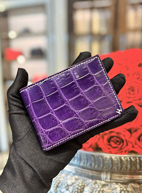 新款对折卡包紫色鳄鱼皮手工缝制斜体“H”驾驶证卡包卡套男女
