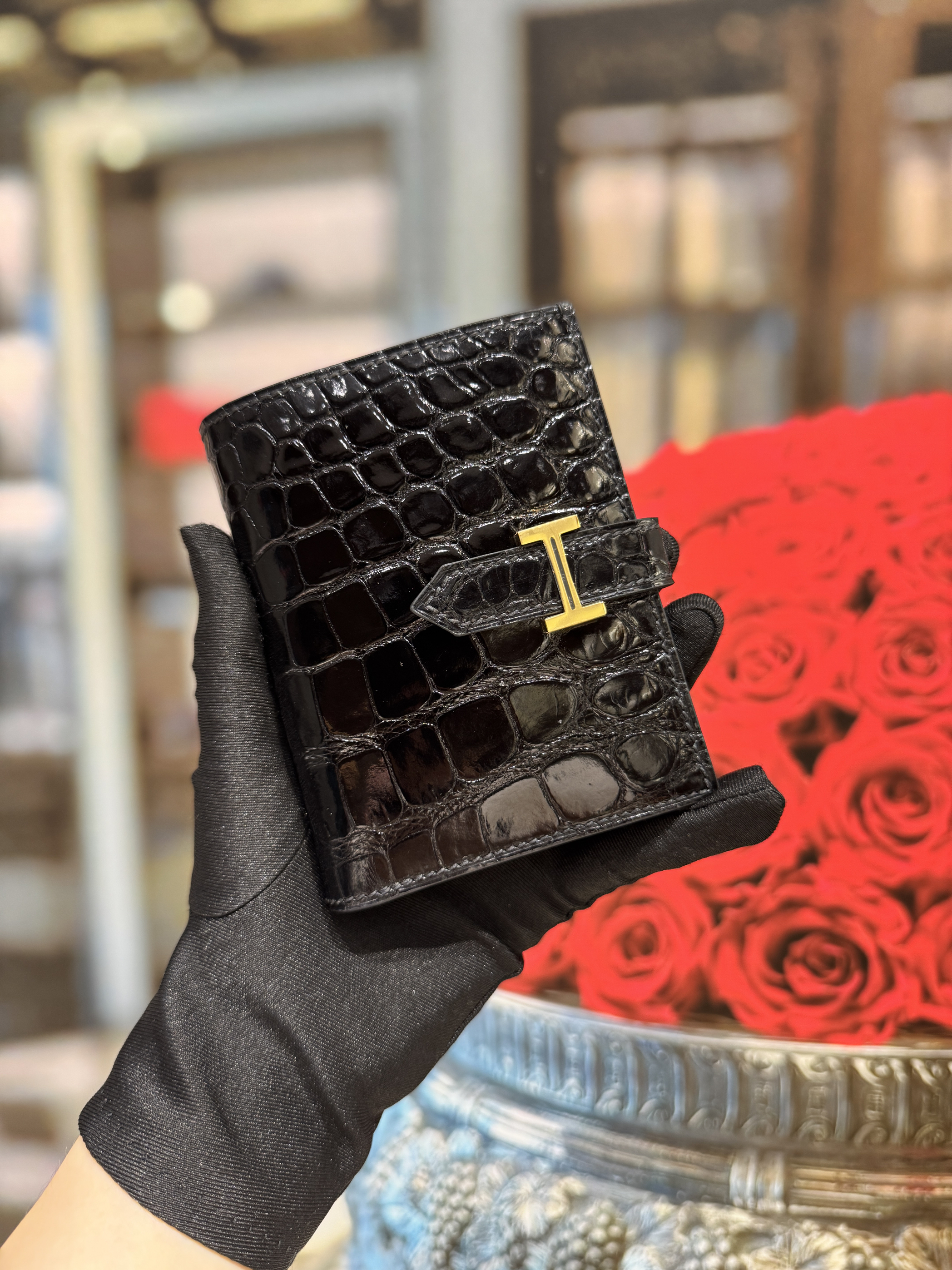 新款美洲进口鳄鱼皮短款钱包内里羊皮纯手工缝制拉链零钱袋多卡位