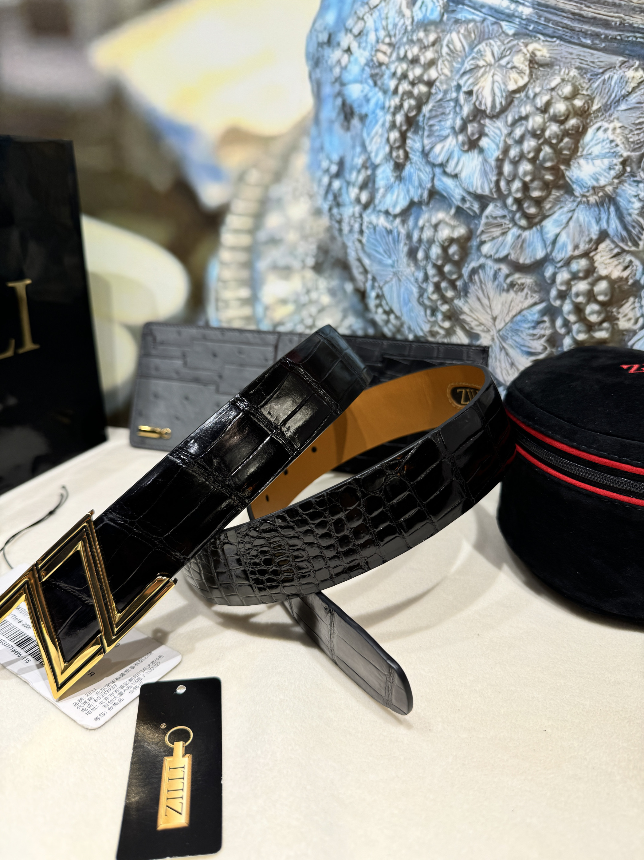 ZILLI 男士腰带进口美洲鳄鱼皮亮面黑色3.5宽双Z不锈钢扣日常商务
