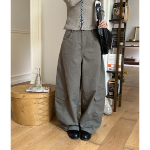 复古美式 直筒长裤 阔腿工装 军绿色女秋高腰设计感弯刀裤 裤 吴宝珠