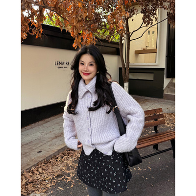 翻领长袖纽扣毛衣开衫宽松百搭