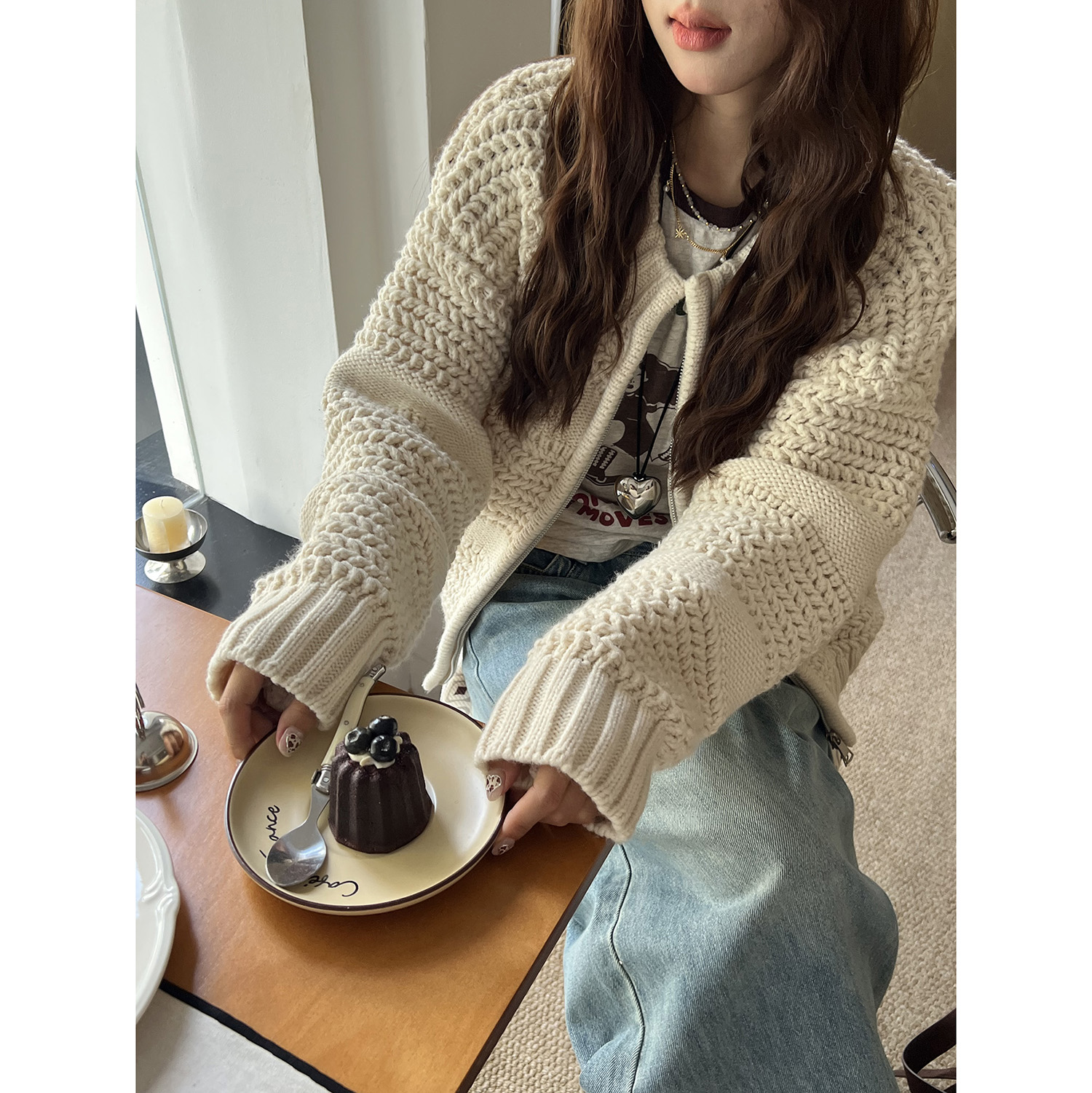 韩系复古菠萝针粗线针织开衫毛衣
