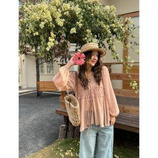 度假设计感春夏季 吴宝珠 V领衬衫 粉色木耳边上衣女甜美雪纺衫 法式