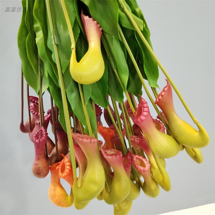 仿真猪笼草红绿色绿叶摆件垂吊植物捕蝇草壁挂藤蔓橱窗绿叶摆件植