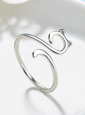 线条猫咪戒指女简约个性开口食指戒韩国甜美可爱小猫关节指环礼物