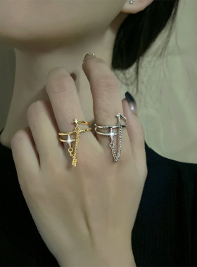 宁宁 独特十字锆石星星开口指环潮流个性链条四芒星双层戒指女