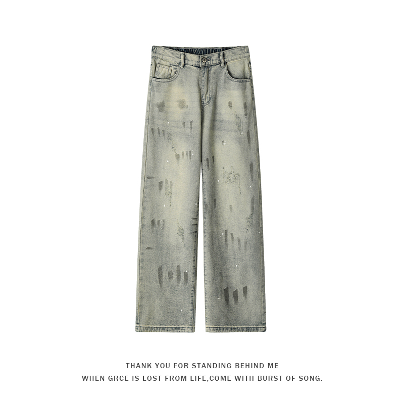 广州新塘牛仔裤涂鸦设计感泼墨扎染猫爪痕男水洗直筒长裤2025年新