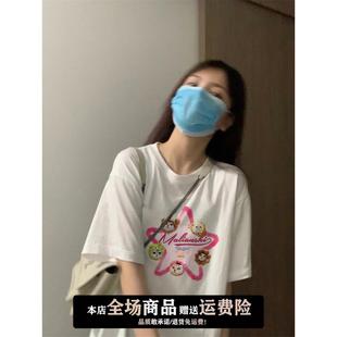 2024新款 t恤女夏季 卡通chic港味上衣ins 复古圆领短袖 100%纯棉美式