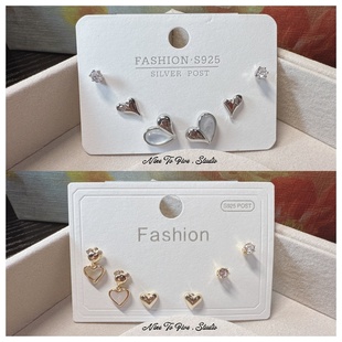 S925银针爱心耳钉套装 水钻心形金属组合小巧精致通勤耳饰礼盒百搭