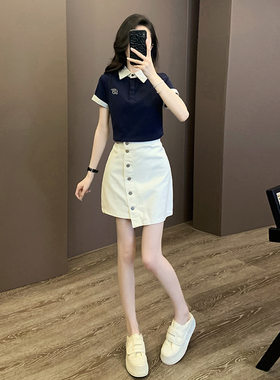 网红炸街翻领牛仔短袖套装女