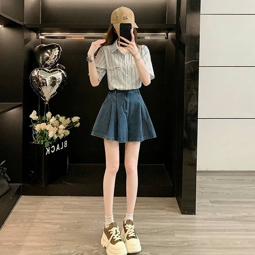 夏季甜美条纹衬衫牛仔短裙套装