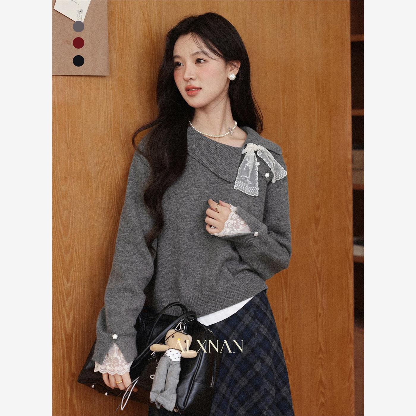 鹿向南「温柔姐系」灰色套头毛衣秋冬女新款长袖宽松针织上衣外套