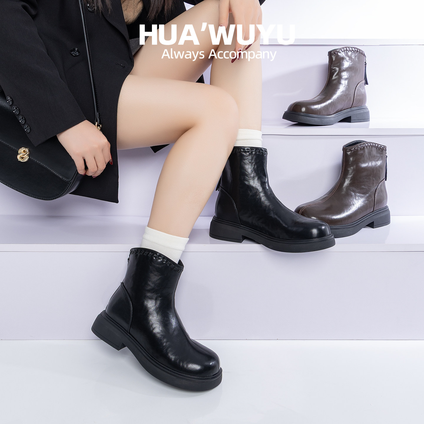 化雾语牛皮女通勤2026春秋季新款休闲靴子短靴瘦瘦烟筒切尔西靴