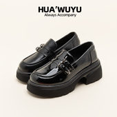 校园风向标^黑漆皮鞋 厚底牛皮女士学生制服学院风增高搭扣乐福鞋