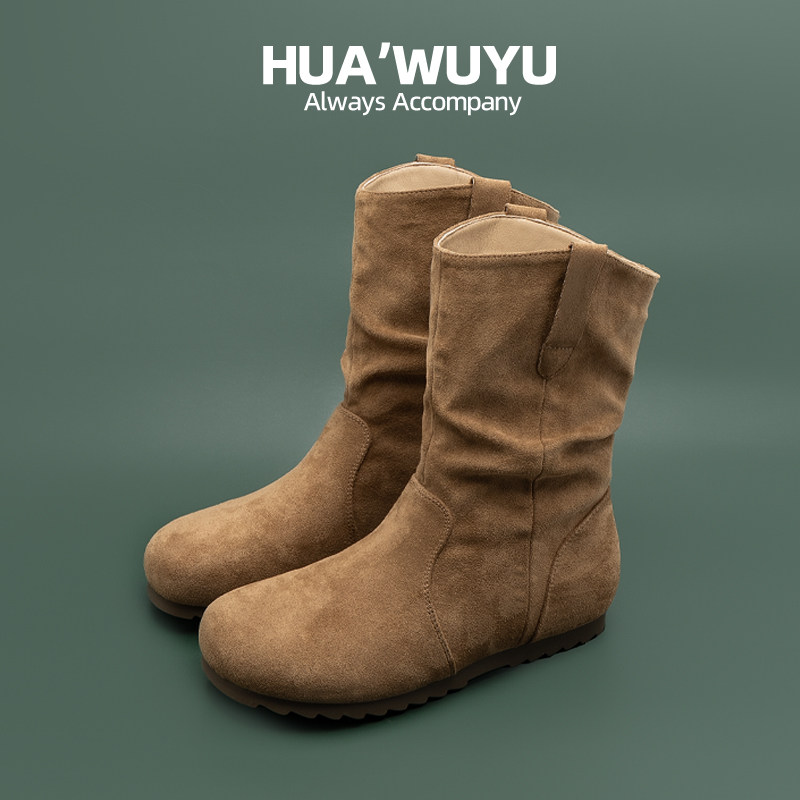 化雾语绒面平底舒适女学生士秋冬季显瘦堆堆短靴子加绒保暖瘦瘦鞋