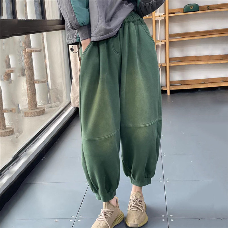 原创冬季新款韩版加绒休闲裤女文艺宽松大码哈伦裤加厚萝卜裤垮裤