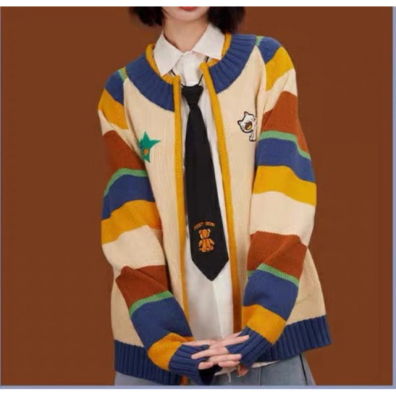 毛衣条纹撞色针织外套女秋冬季美拉德设计小众开衫上衣时尚外穿潮