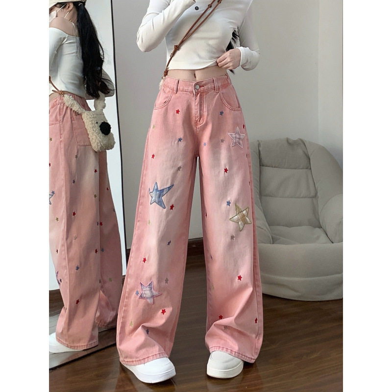多巴胺星星刺绣贴布擦色牛仔裤女春秋款宽松直筒显瘦拖动裤子,女装/女士精品,牛仔裤,淘宝优惠券,粉丝福利购,淘宝优惠卷