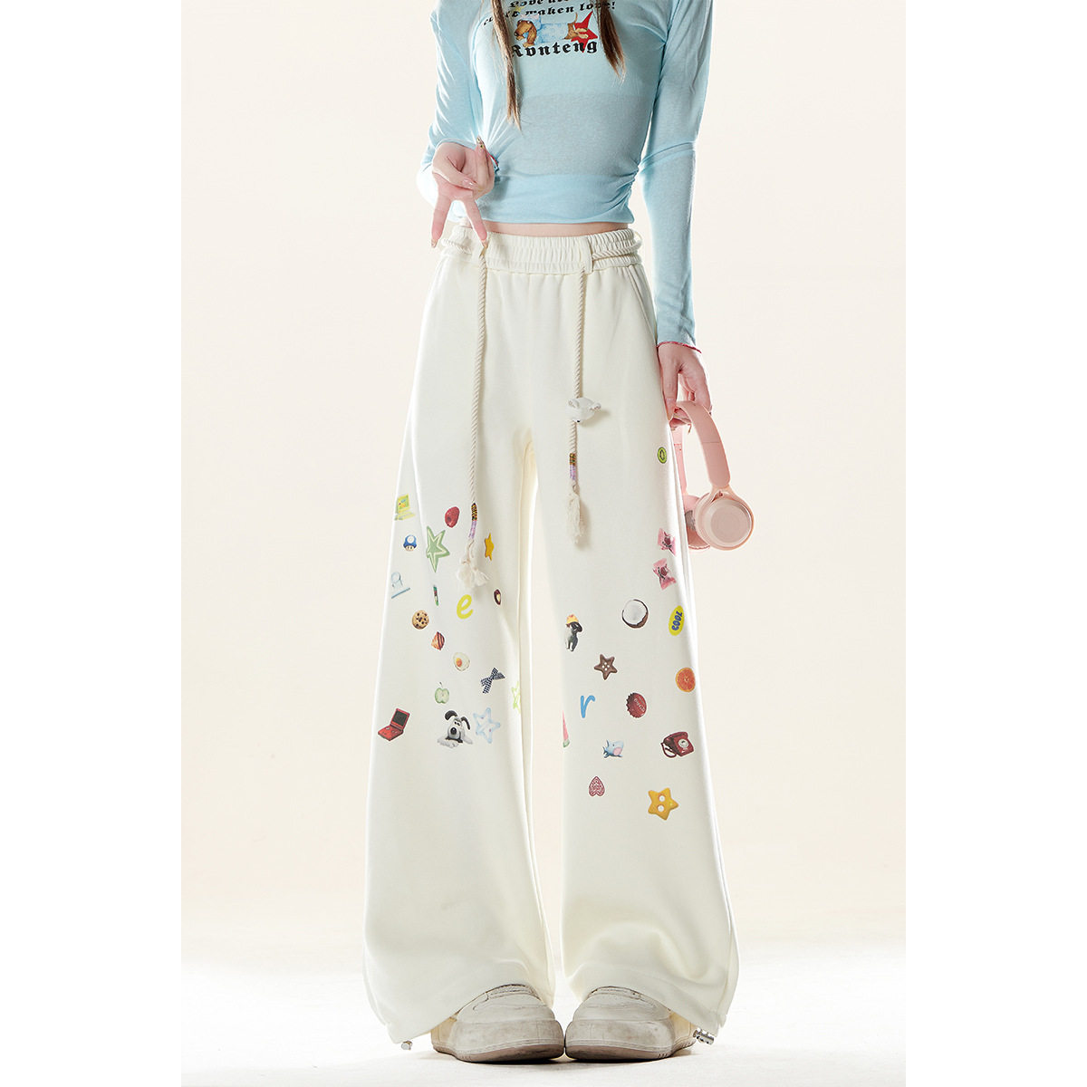 自然涩趣味印花松紧腰卫裤女春秋季新款薄款清凉透气穿搭直筒裤子,女装/女士精品,卫裤,淘宝优惠券,粉丝福利购,淘宝优惠卷