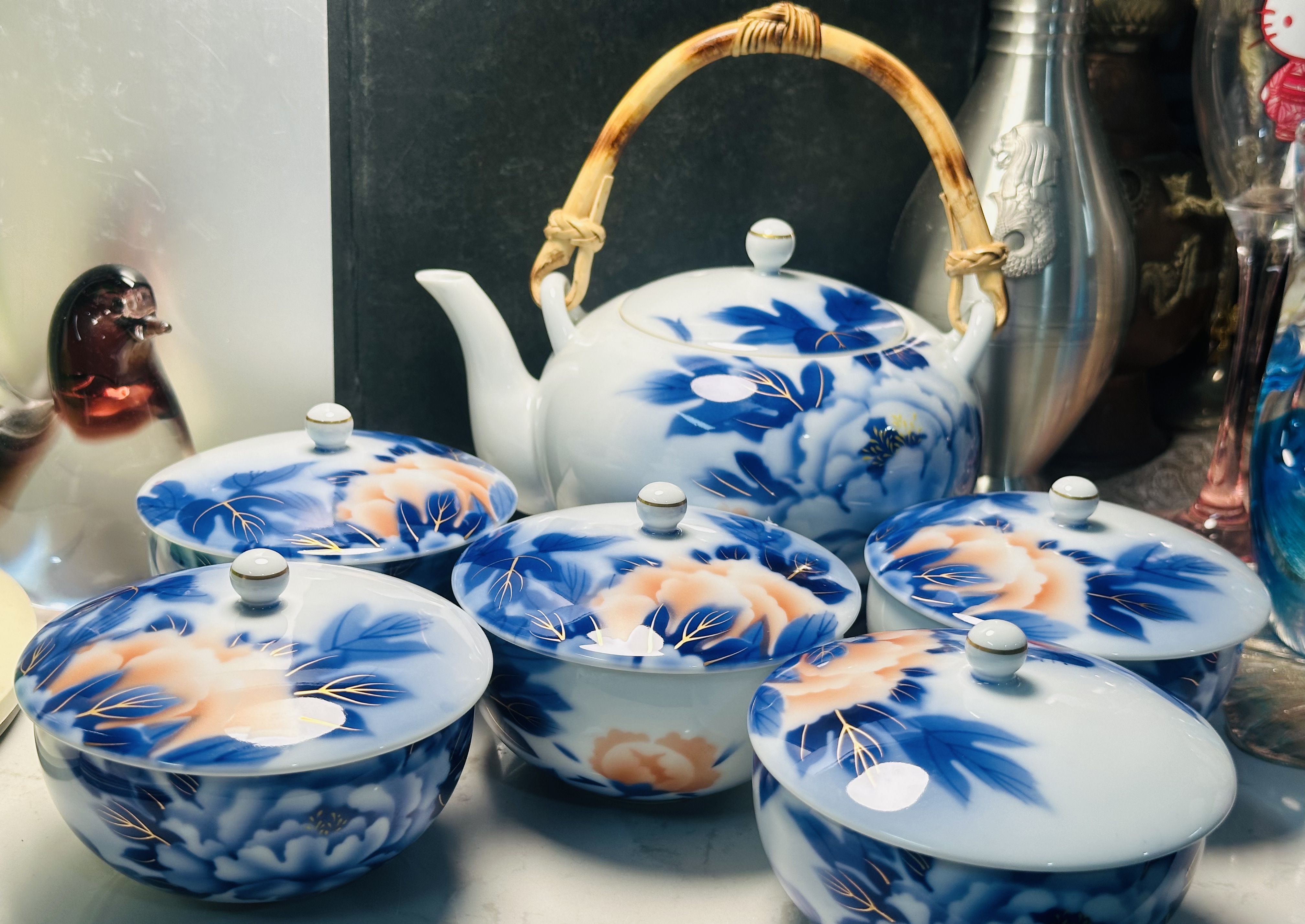 日本深川制蓝染牡丹纹茶具套装