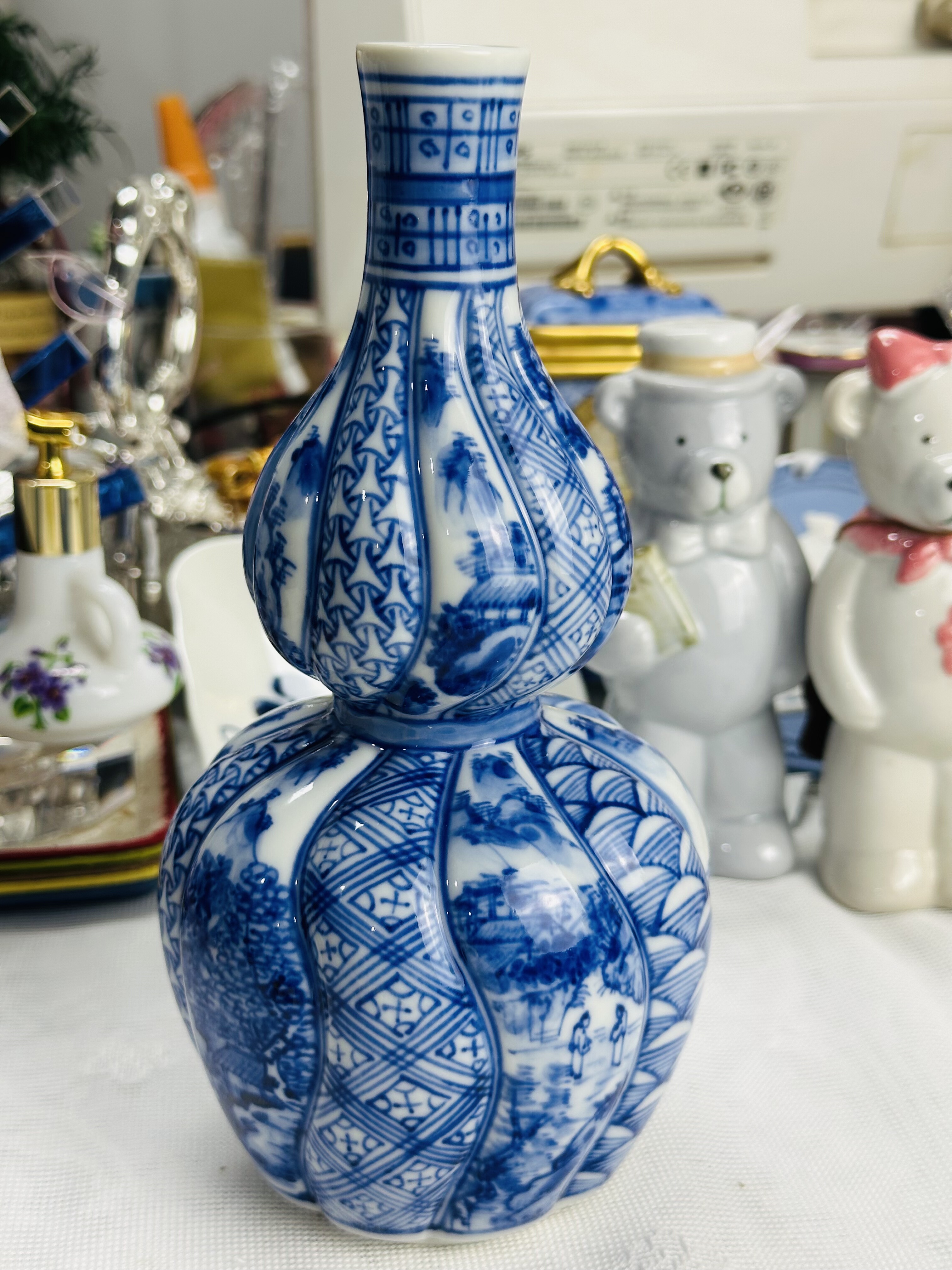 日本九谷烧手绘青花德利酒壶葫芦型陶瓷家居摆件