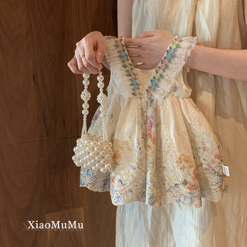 女童公主裙花朵吊带度假连衣裙夏