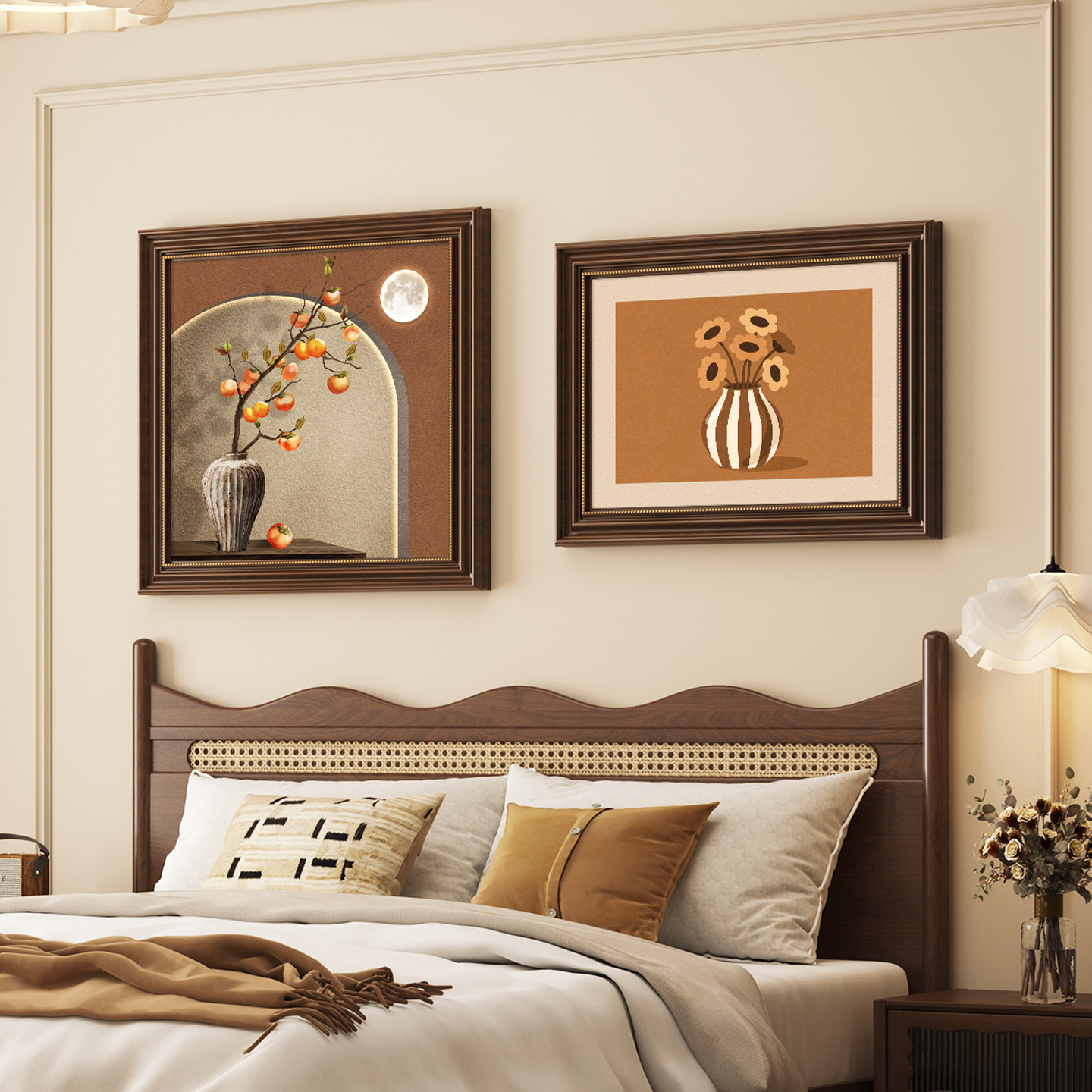 中古风轻奢卧室床头装饰画法式复古奶油风主卧房间挂画壁画高级感