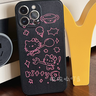 碗碗响叮当黑粉色hellokitty凯蒂猫黑边防摔耐脏情侣透明轻薄可爱卡通磨砂全包手机软壳适用于苹果17华为小米