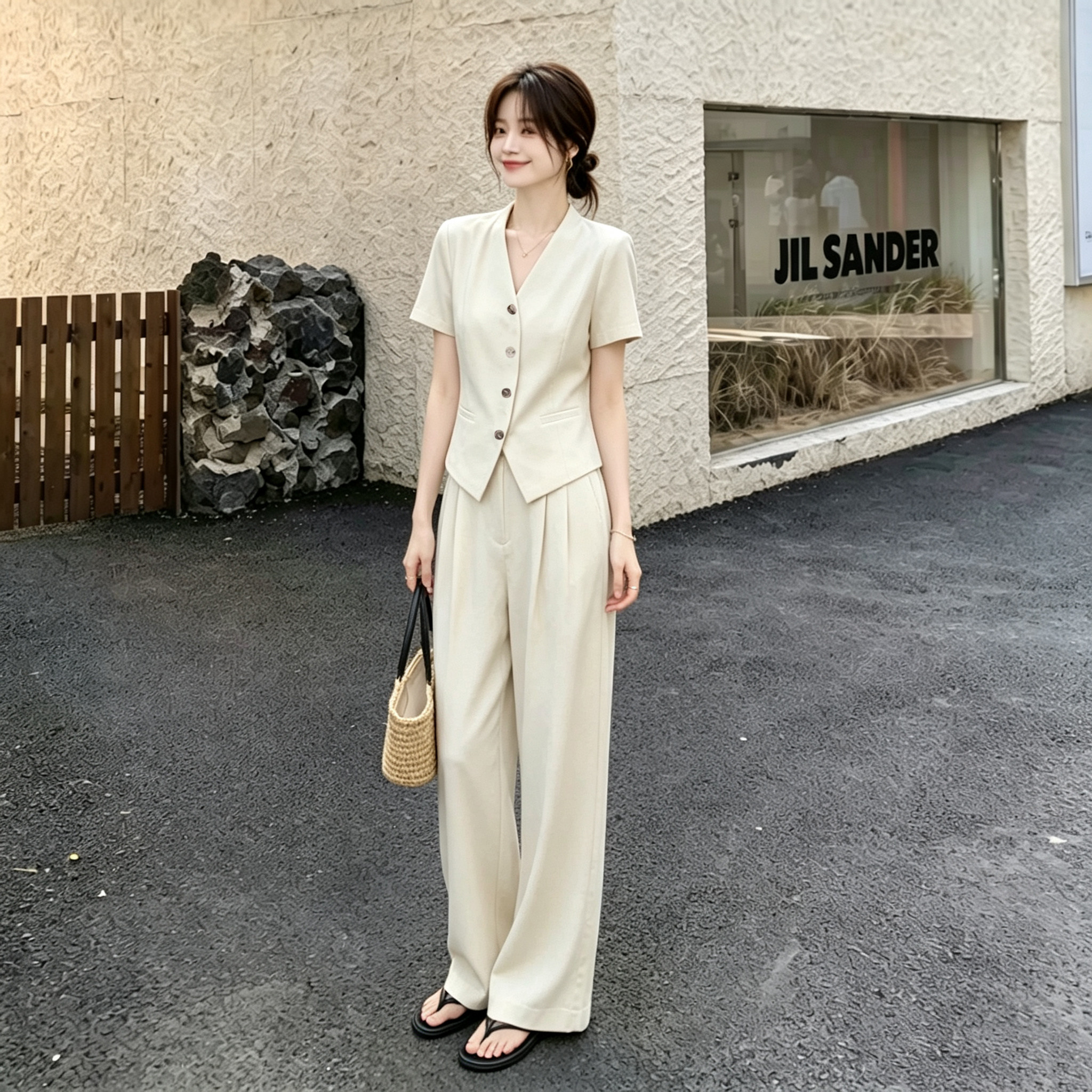 夏季新款老钱风短款时尚天丝西装套装亚麻女小个子显瘦洋气西服