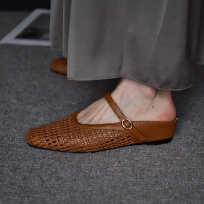 皮厚先生 夏季新款方头玛丽珍浅口凉拖鞋女镂空编织内增高真皮