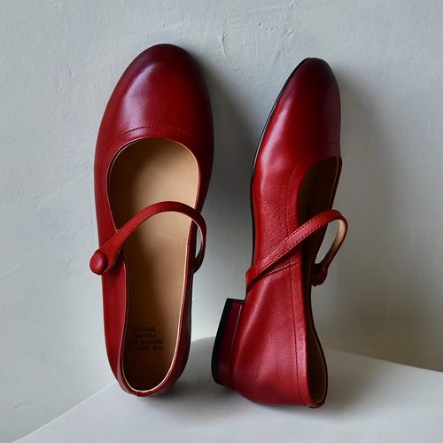 皮厚先生 法式真皮圆头浅口玛丽珍鞋子一字带酒红色单鞋低跟软底