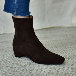 皮厚先生 百搭磨砂皮牛反绒方头短靴女内增高舒适瘦瘦靴子25冬季