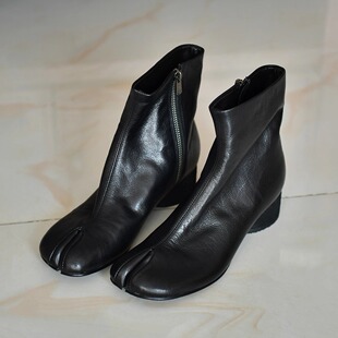 皮厚先生 头层胎牛皮分趾短靴女中粗跟舒适百搭全真皮秋冬新款