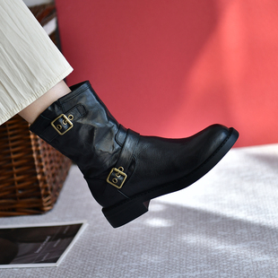 皮厚先生 欧美羊皮西部靴女中粗跟全真皮机车靴子冬季保暖复古