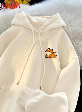 NASA联名日系潮牌狐狸加绒连帽卫衣男女秋冬新款慵懒风宽松上衣男