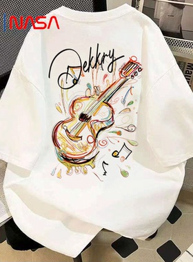 NASA短袖T恤vibe吉他男女美式涂鸦吉他印花oversize宽松百搭上衣