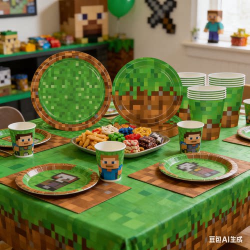 我的世界主题生日派对餐具套装像素风盘杯垫桌布男儿童Minecraft