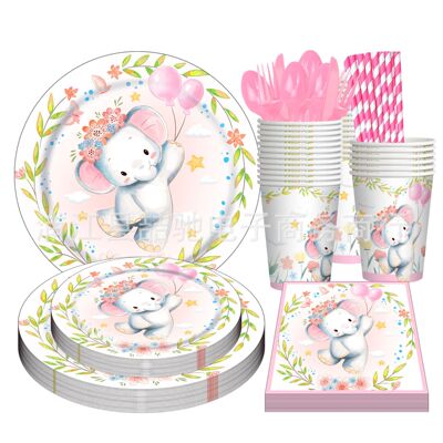 babyshower粉色小象主题派对布置餐具套装纸盘纸杯纸巾一次性桌布