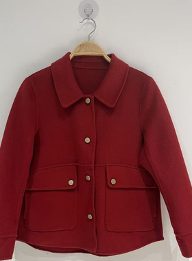 某品牌100%羊毛短款大衣红色方领女装中式风格翻领双面呢毛呢外套