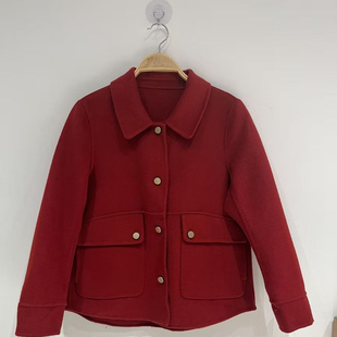 某品牌100%羊毛短款大衣红色方领女装中式风格翻领双面呢毛呢外套