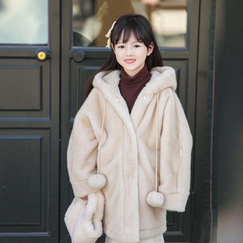 2025新款儿童冬季小女孩中长款连帽皮草外套女童毛毛大衣宝宝棉服