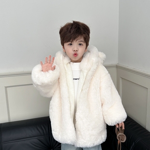 儿童冬季 白色毛毛外套男童加绒加厚连帽棉衣女孩可爱皮草宝宝棉服