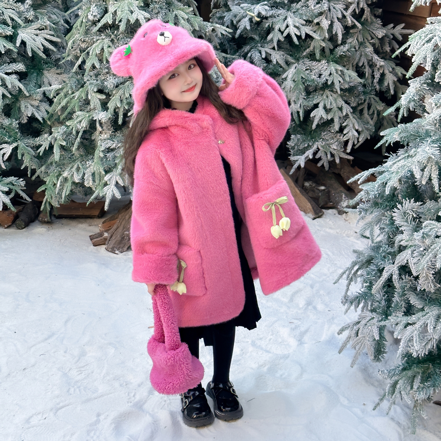 女童中长款皮毛一体冬季新款外套