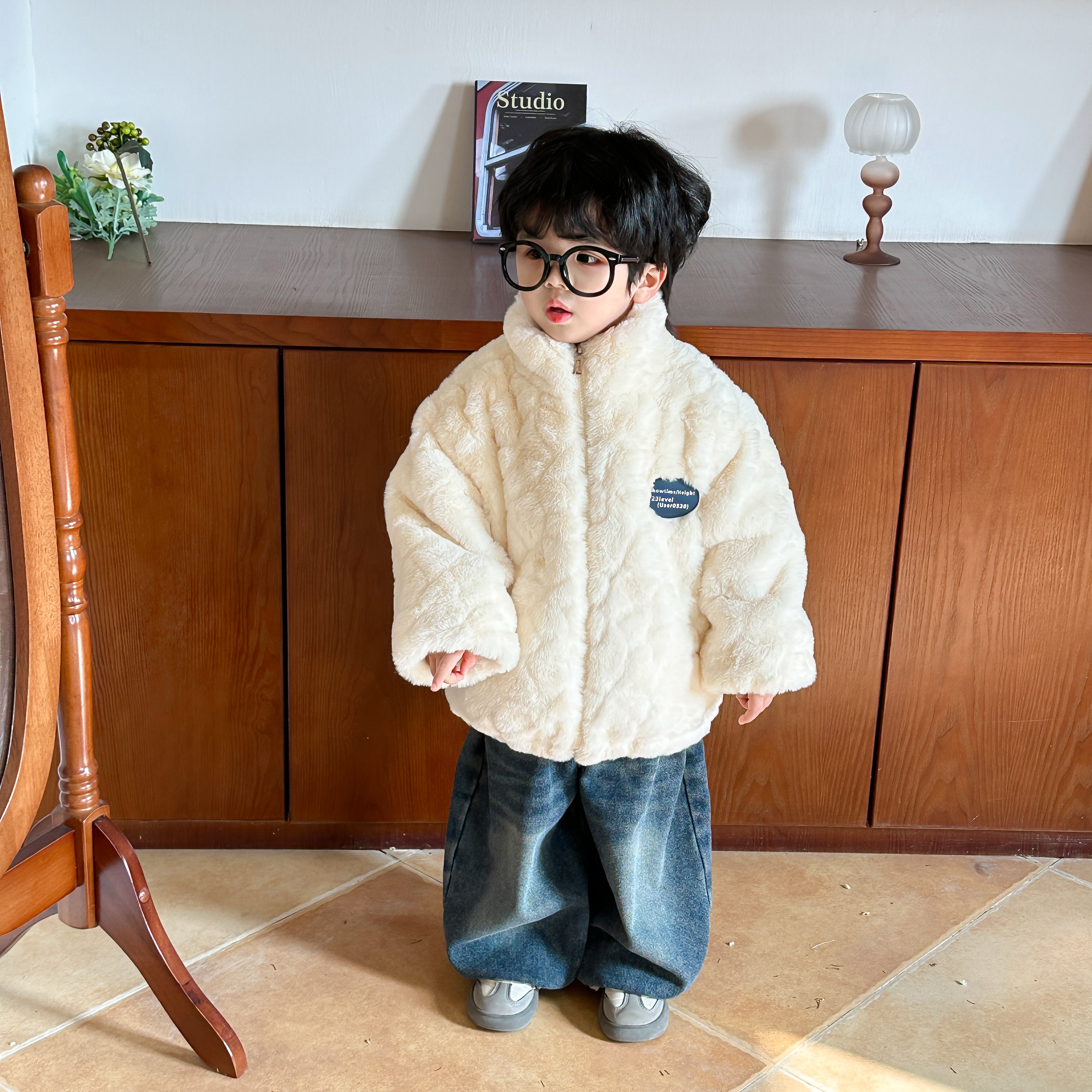 儿童毛绒外套男童加厚加绒棉衣宝宝冬装新款保暖棉服女童韩版休闲