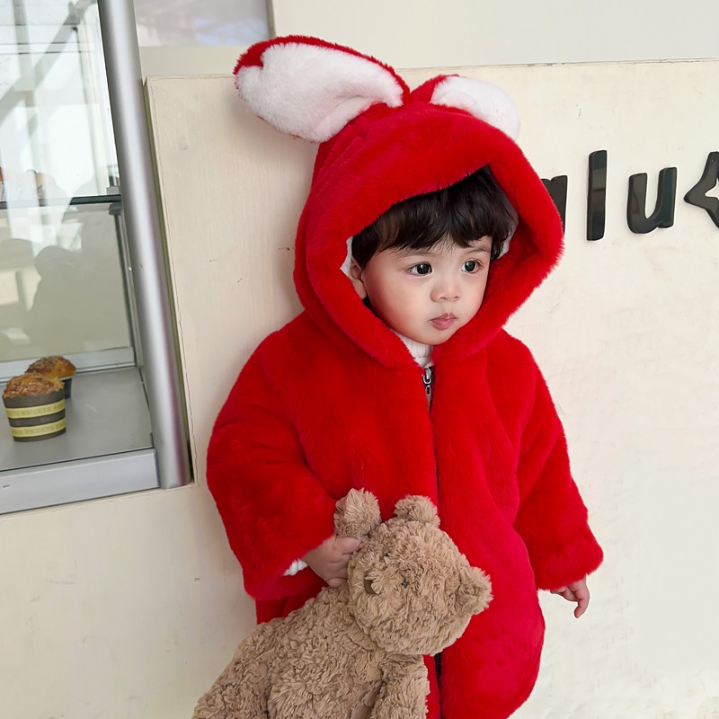 儿童皮草宝宝加绒加厚棉衣男童女童公主棉袄兔耳朵过新年装中长款