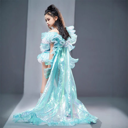 女童幻彩花边水蓝色连体衣走秀服精灵仙气绝美气质表演T台女王风8